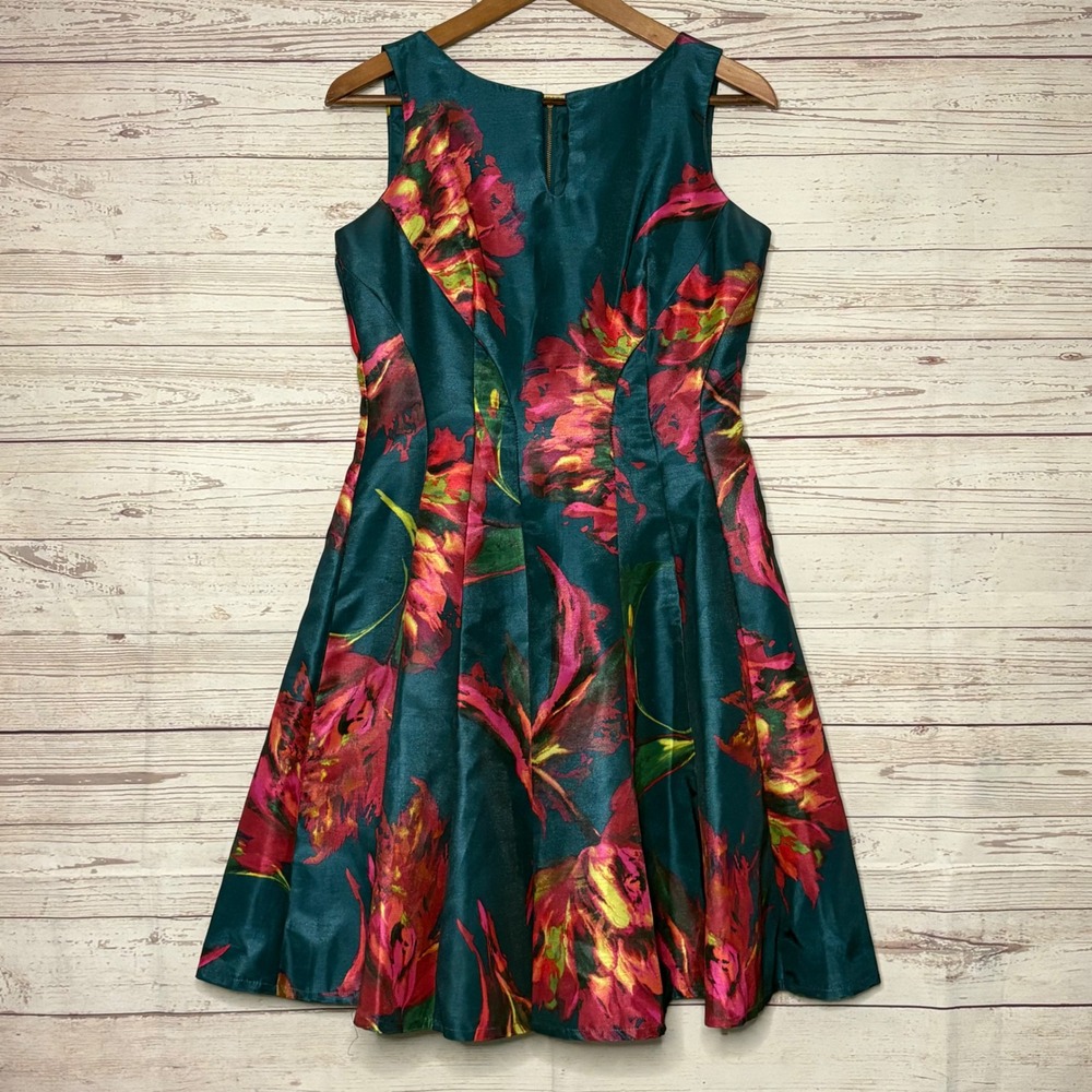 Dress barn Teal Pink Floral Fit and Flare Cocktail Dress Size 4